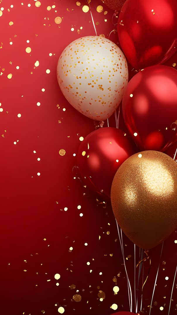 Fond rouge avec des paillettes dorées et des ballons rouges et dorés