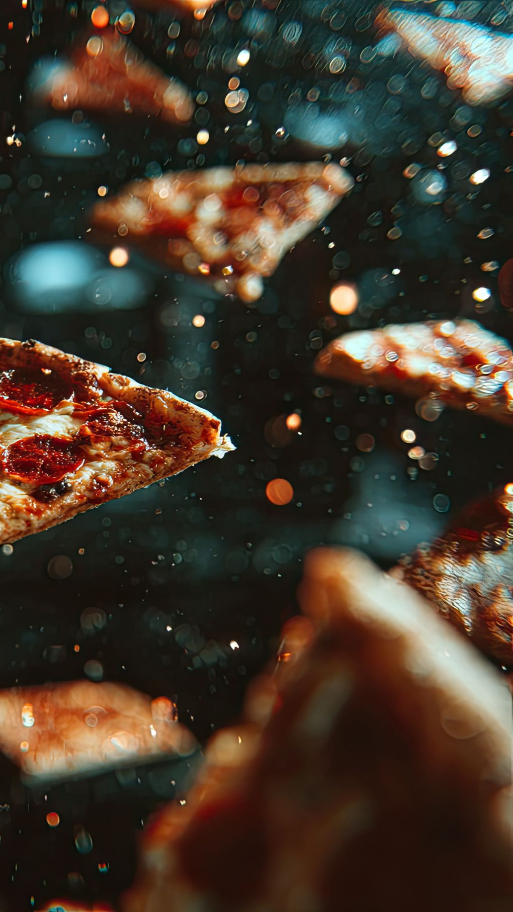 Tranches de pizza au pepperoni suspendues dans les airs sur un fond sombre et moucheté