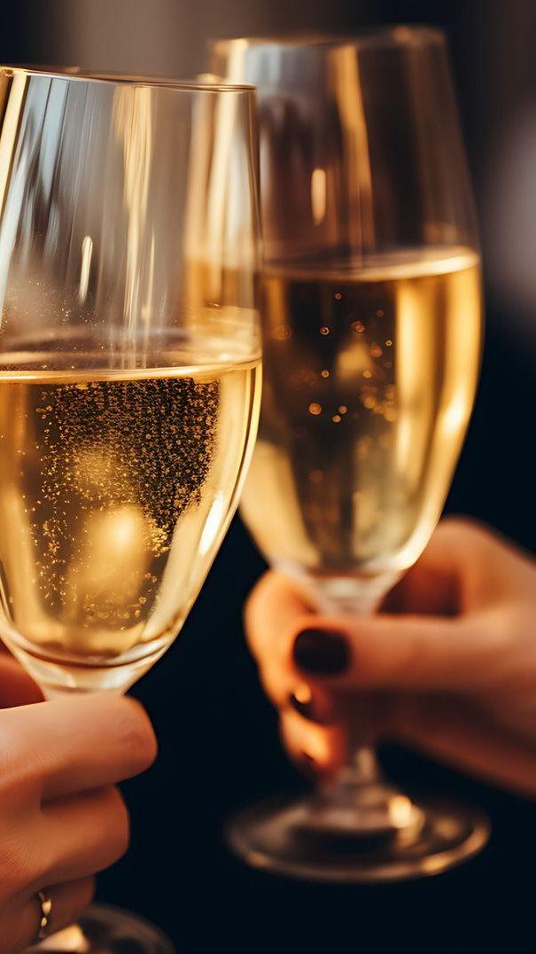 Deux mains tenant des flûtes à champagne trinquant avec une boisson pétillante.