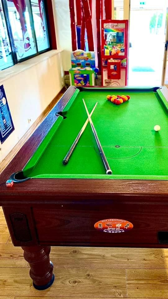 Table de billard avec feutre vert, queues croisées et un support de boules colorées.