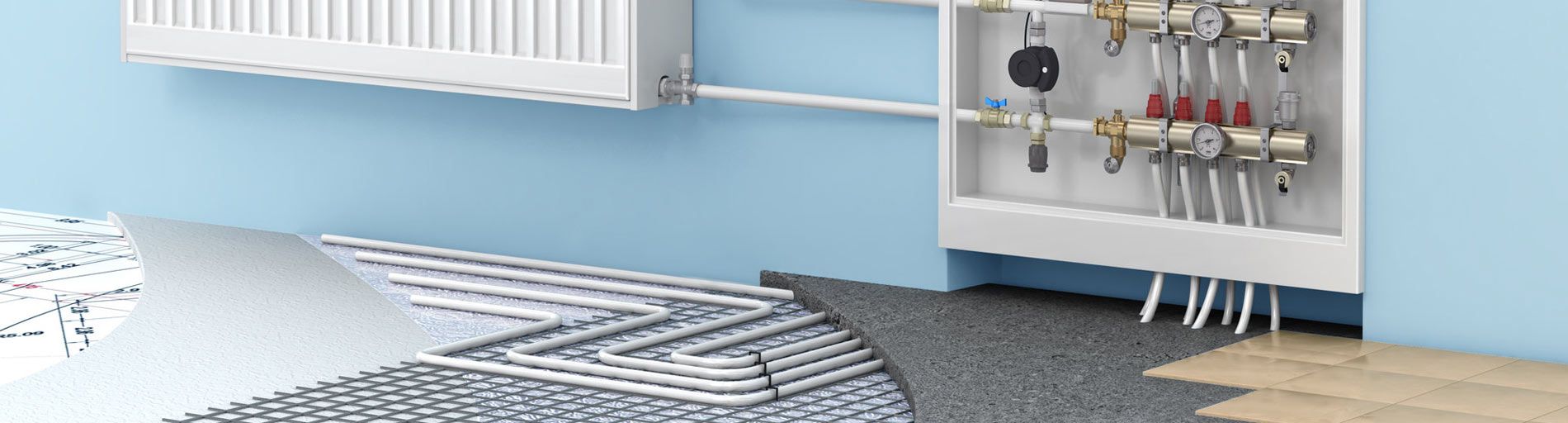 Radiador y sistema de fontanería en una habitación. Pared azul, radiador blanco, tuberías y panel de control.