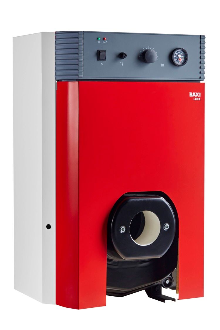 Unidad de calefacción de color rojo y blanco con componentes y panel de control de color negro.