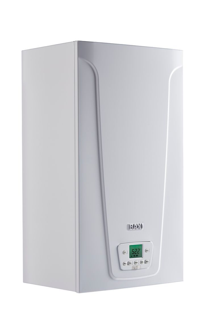 Caldera de gas de pared de color blanco con pantalla digital y pulsadores de control.