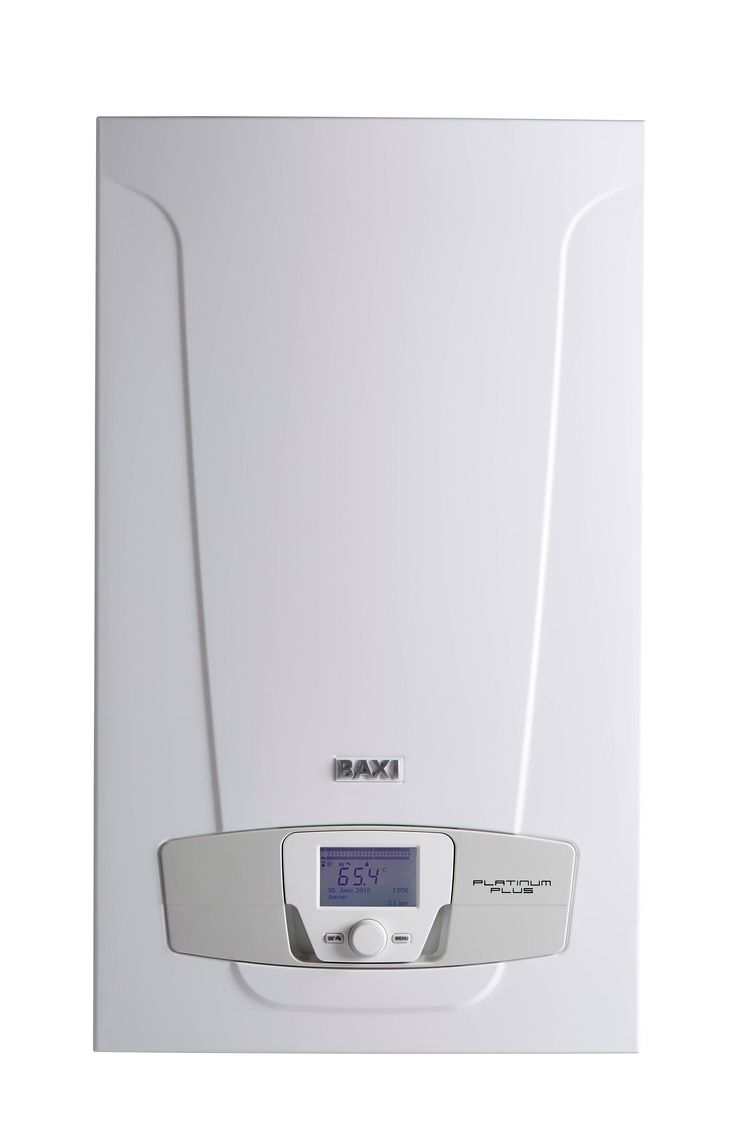 Caldera Baxi de color blanco con display digital y mando de control.
