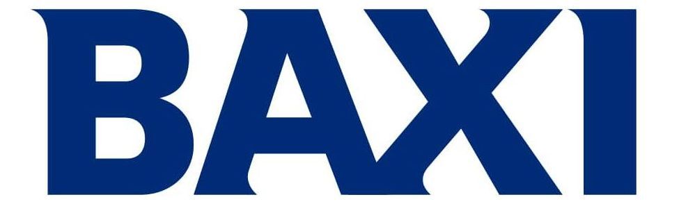 Logotipo de BAXI en fuente azul oscuro.