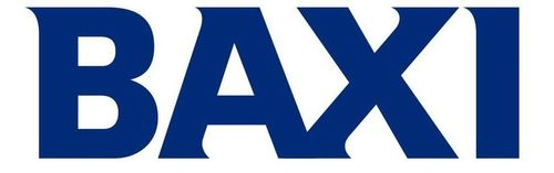 Logotipo de BAXI en fuente azul oscuro.