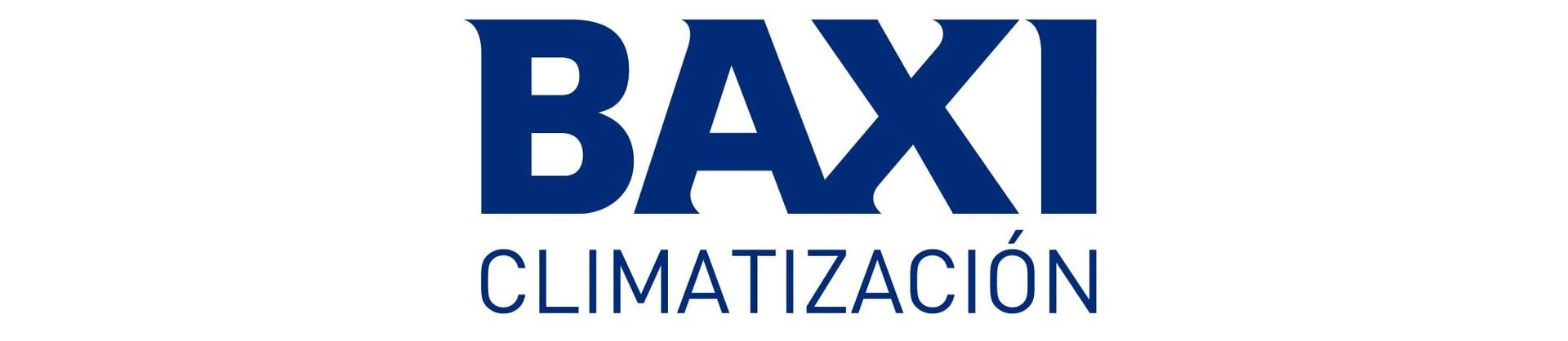 Logotipo de BAXI con texto azul marino sobre fondo blanco. El texto incluye 