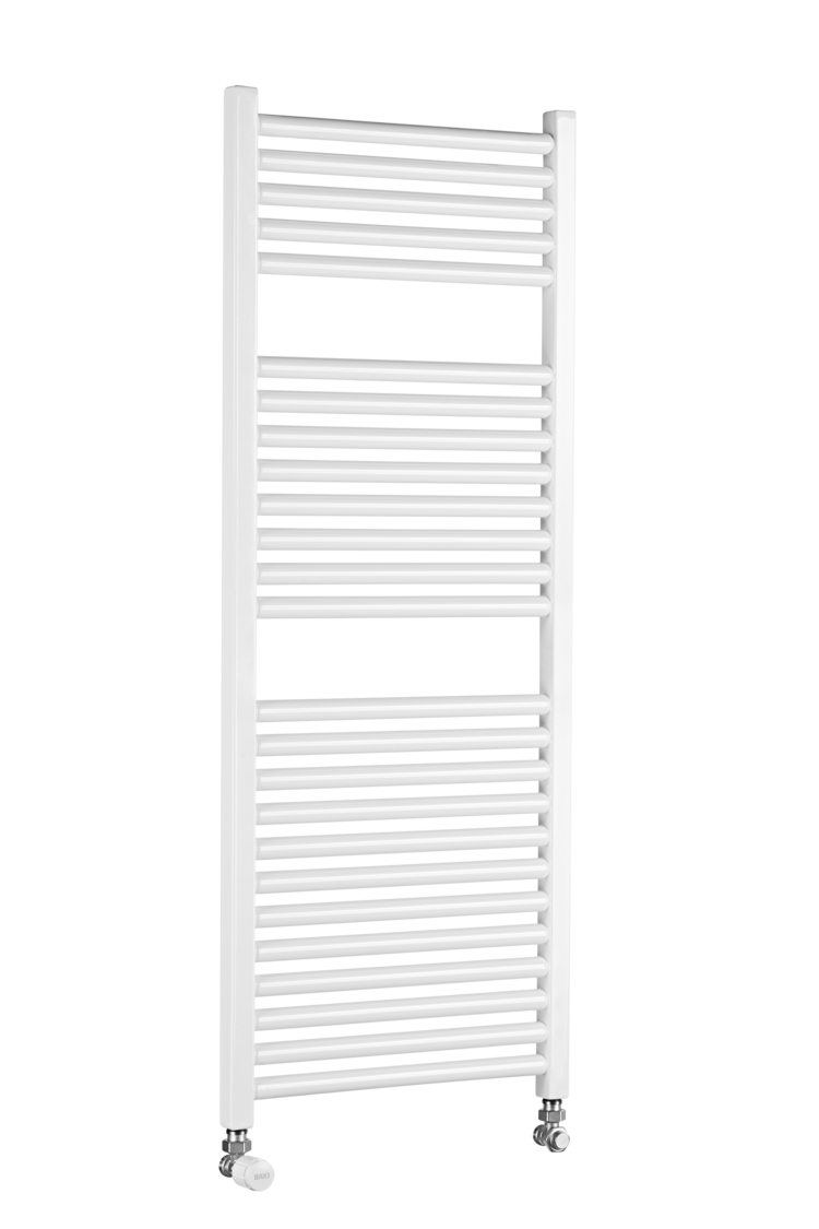 Calentador de toallas blanco, vertical, con barras horizontales, que se apoya sobre pequeños pies.