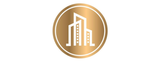 Gold circular logo with a white stylized building icon inside