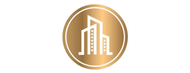 Logo featuring stylized white buildings inside a gold oval.