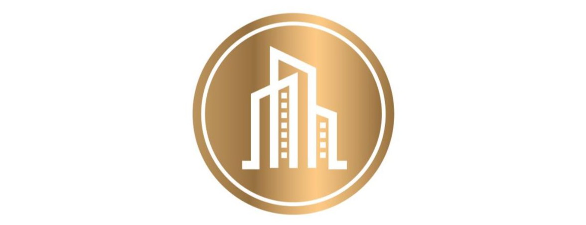Logo featuring stylized white buildings inside a gold oval.