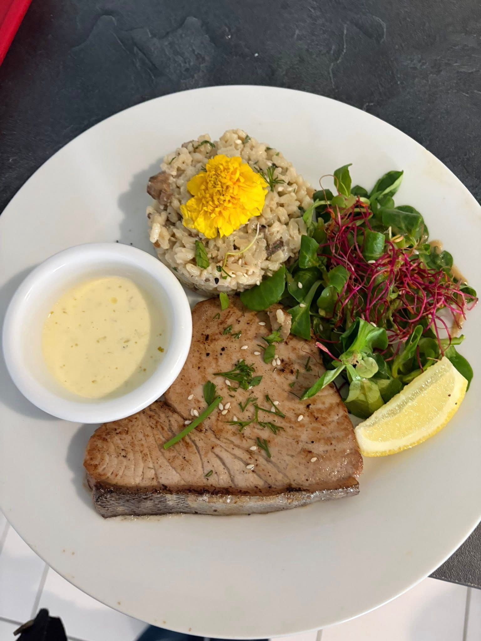 Repas servi à l'assiette avec steak de la mer, riz, salade, sauce et quartier de citron sur une assiette blanche