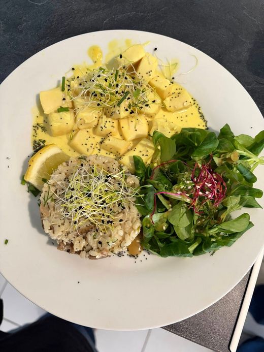 Une assiette composée de dés d'encornets, de riz parsemé de graines et d'une salade verte est disposée sur une table.