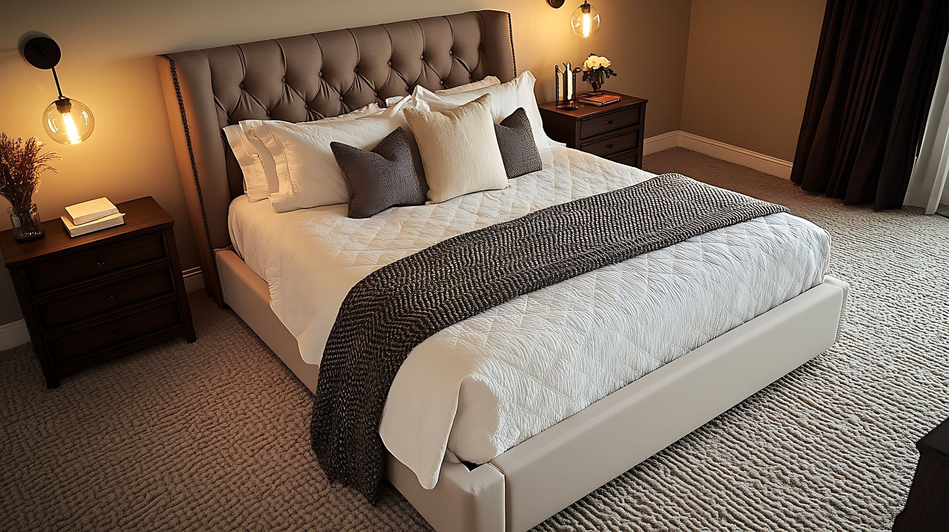 Chambre blanche avec lit, tête de lit, oreillers, linge de lit, table de chevet, vase de fleurs.