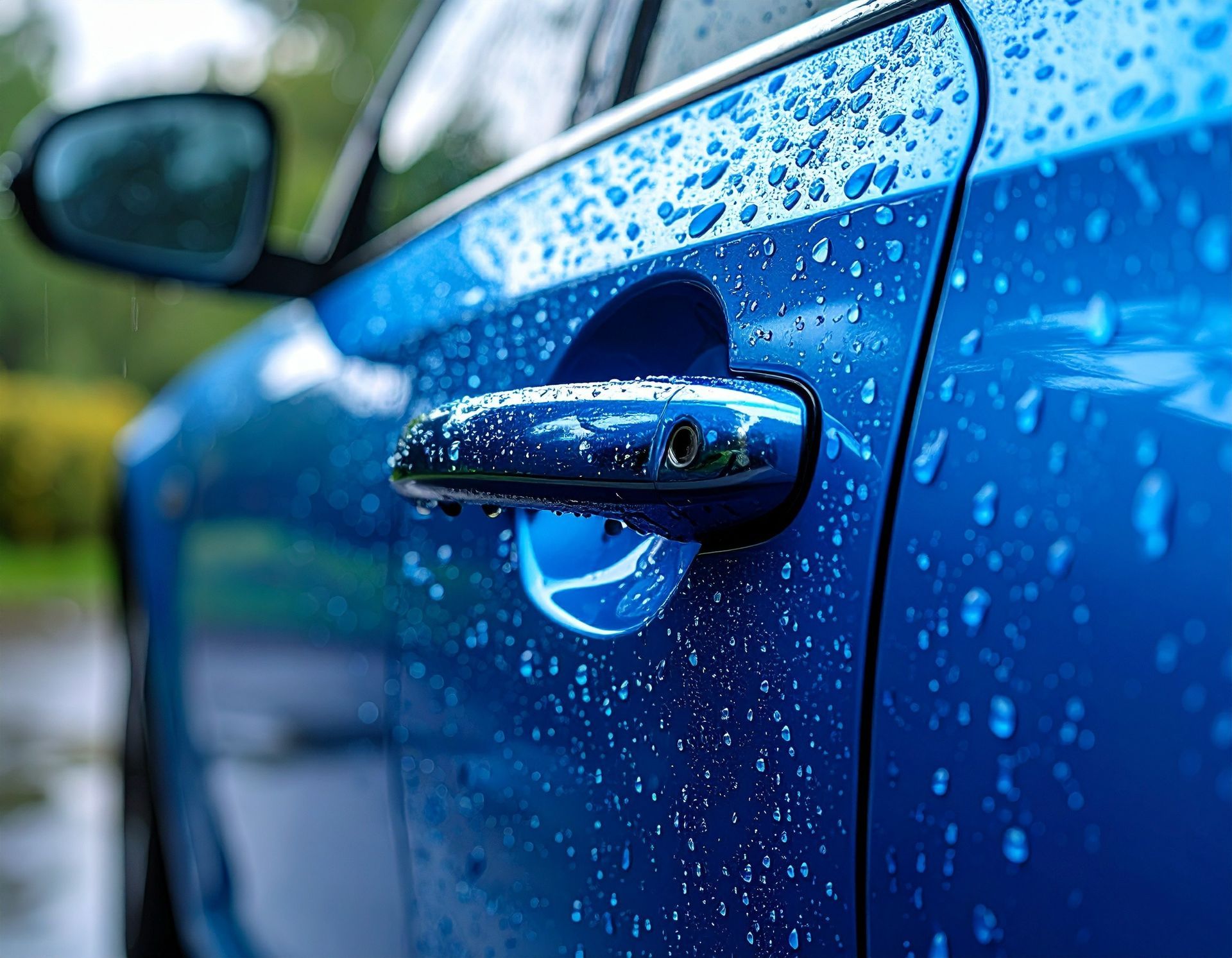 Gros plan d'une portière et d'une poignée de voiture bleues couvertes de gouttelettes d'eau