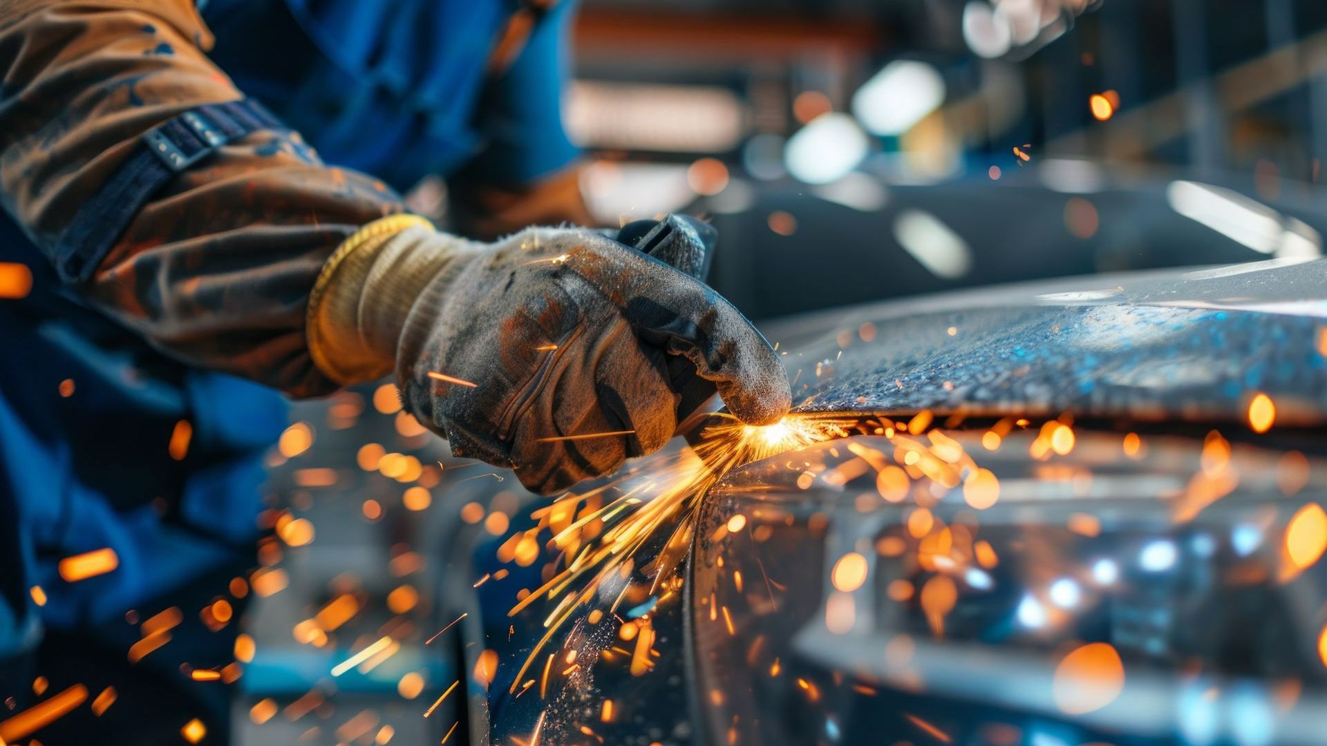 Réparateur automobile rectifiant le capot de la carrosserie