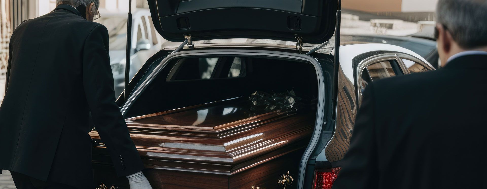 Mise en place d'un cercueil dans le coffre d'un véhicule de transport funéraire