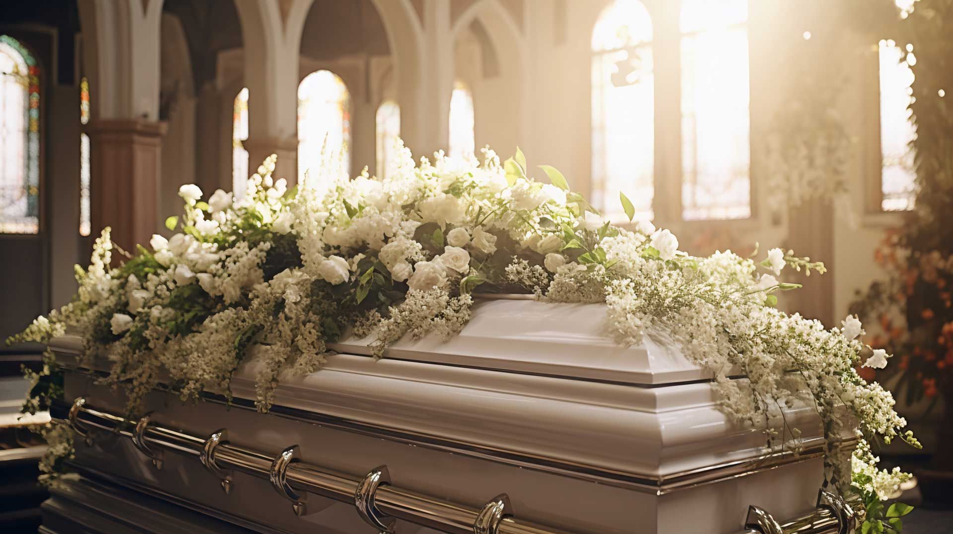 Cercueil blanc avec couronne de fleurs blanches
