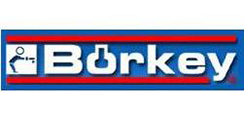 Logo für Bürkey, ein blaues Rechteck mit dem Wort „Bürkey“ in Weiß, umrahmt von roten Linien. Im „B“ steht eine Figur.