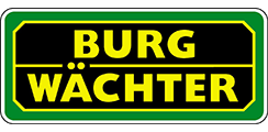Logo für Burg-Wächter, gelber Text auf schwarzem Hintergrund, grüne Ränder, weiße Kontur.