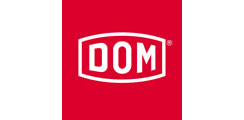 DOM-Logo mit weißen Buchstaben in einem weiß umrandeten roten Rechteck auf rotem Hintergrund.