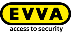 Logo: „EVVA“ in schwarzer Schrift auf gelbem, abgerundetem Rechteck, schwarz umrandet. Darunter „Zugang zur Sicherheit“.