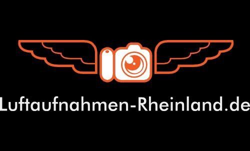 Orangefarbene Kamera mit Flügeln; „Luftaufnahmen-Rheinland.de“ auf schwarzem Hintergrund.