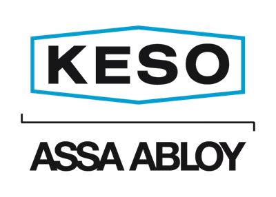 KESO-Logo mit schwarzem Text in einem blauen Sechseck, darunter ASSA ABLOY.