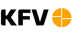 Schwarzer „KFV“-Text neben einem segmentierten orangefarbenen Kreis.