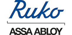 Logo von Ruko, einer Marke von ASSA ABLOY. Das Wort „Ruko“ steht in blauer Schreibschrift über den Worten „ASSA ABLOY“ in Schwarz.
