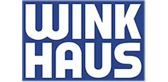 Weißer „WINK HAUS“-Text auf blauem Hintergrund.