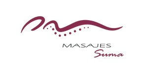 El logotipo de Masajes Suma es una ola morada con puntos.