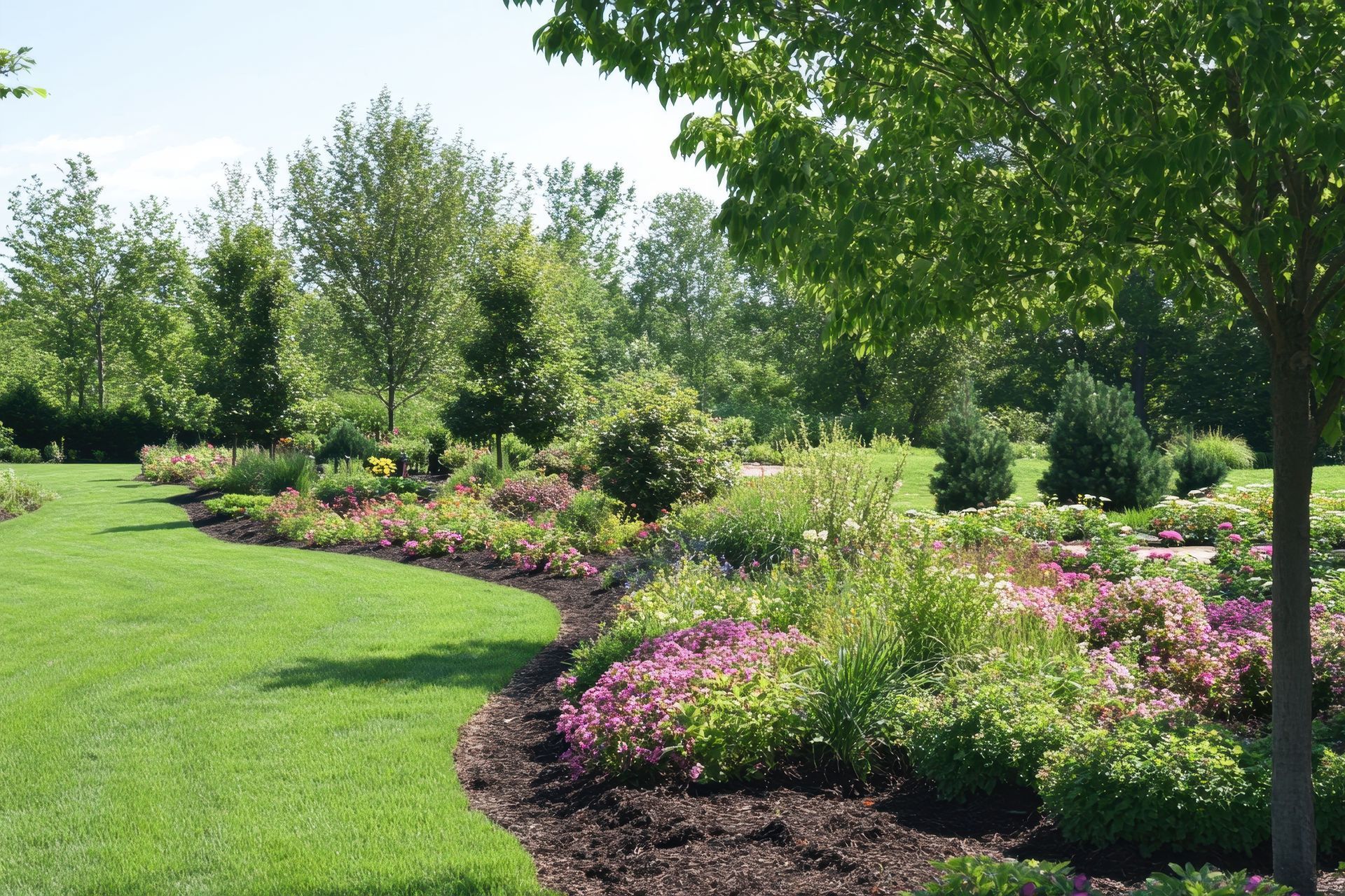 Jardin luxuriant avec des parterres de fleurs incurvés, des fleurs roses et des arbres verts baignés de soleil.