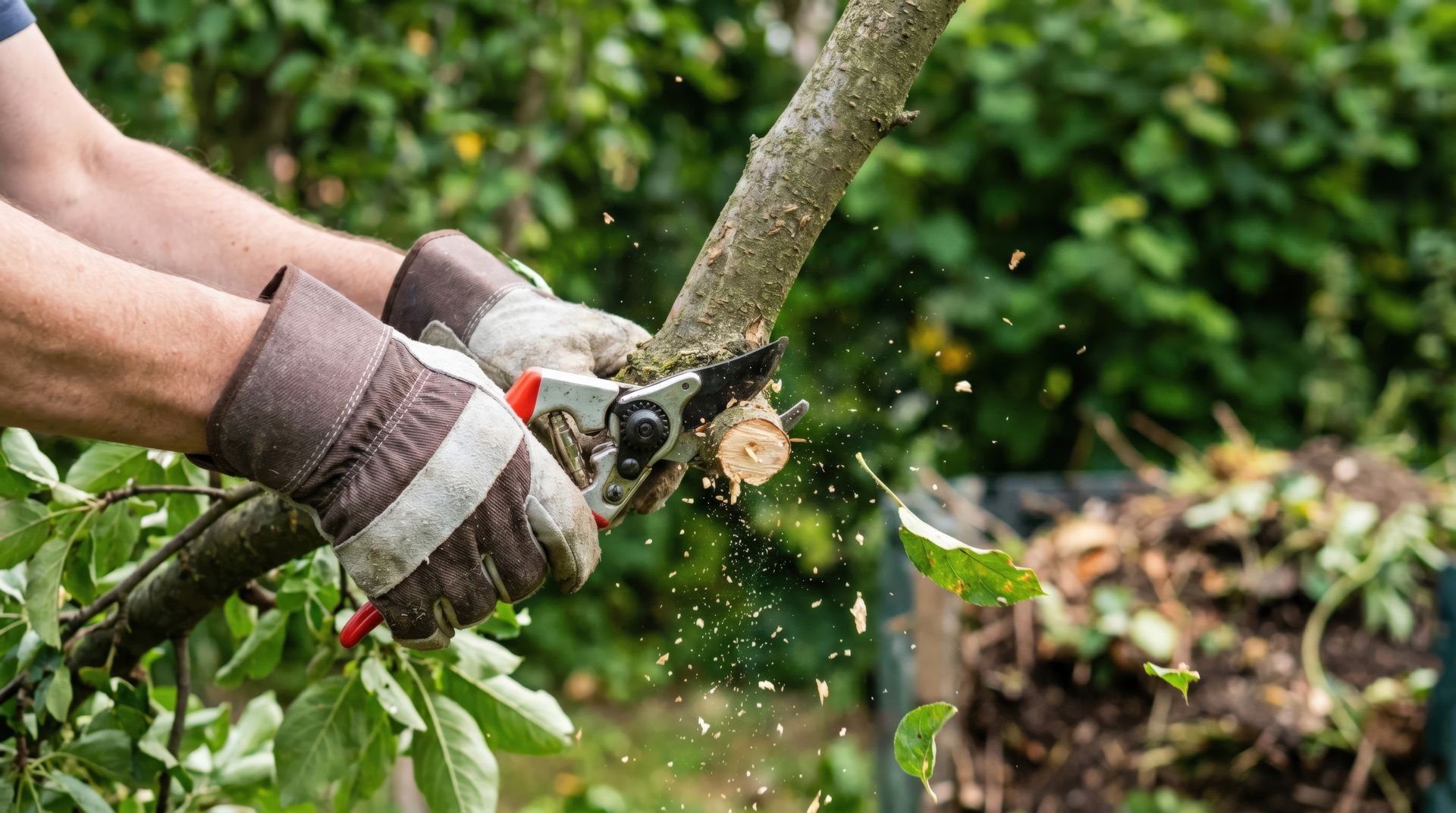 Des mains utilisent une scie d'élagage pour couper une branche d'arbre, des copeaux de bois volant dans un jardin.