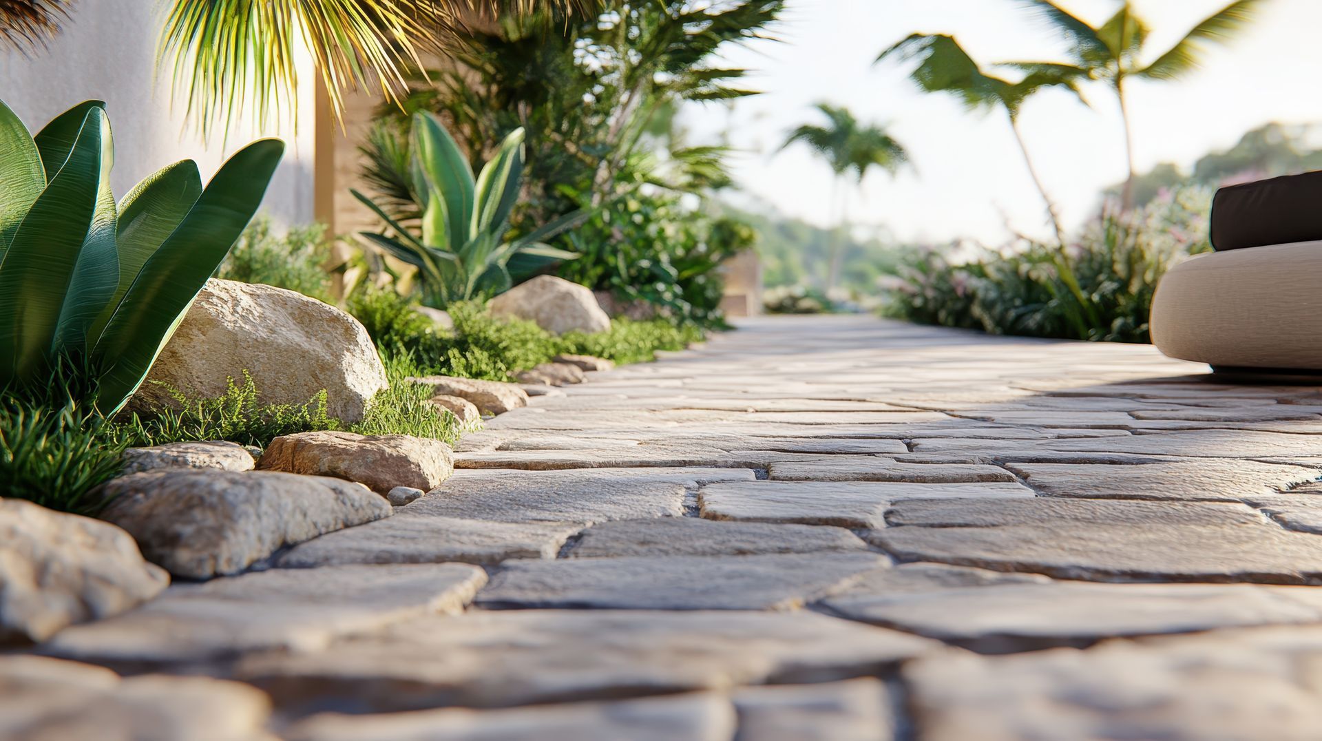 Allée de jardin en pierre bordée de plantes tropicales et de rochers baignée de soleil