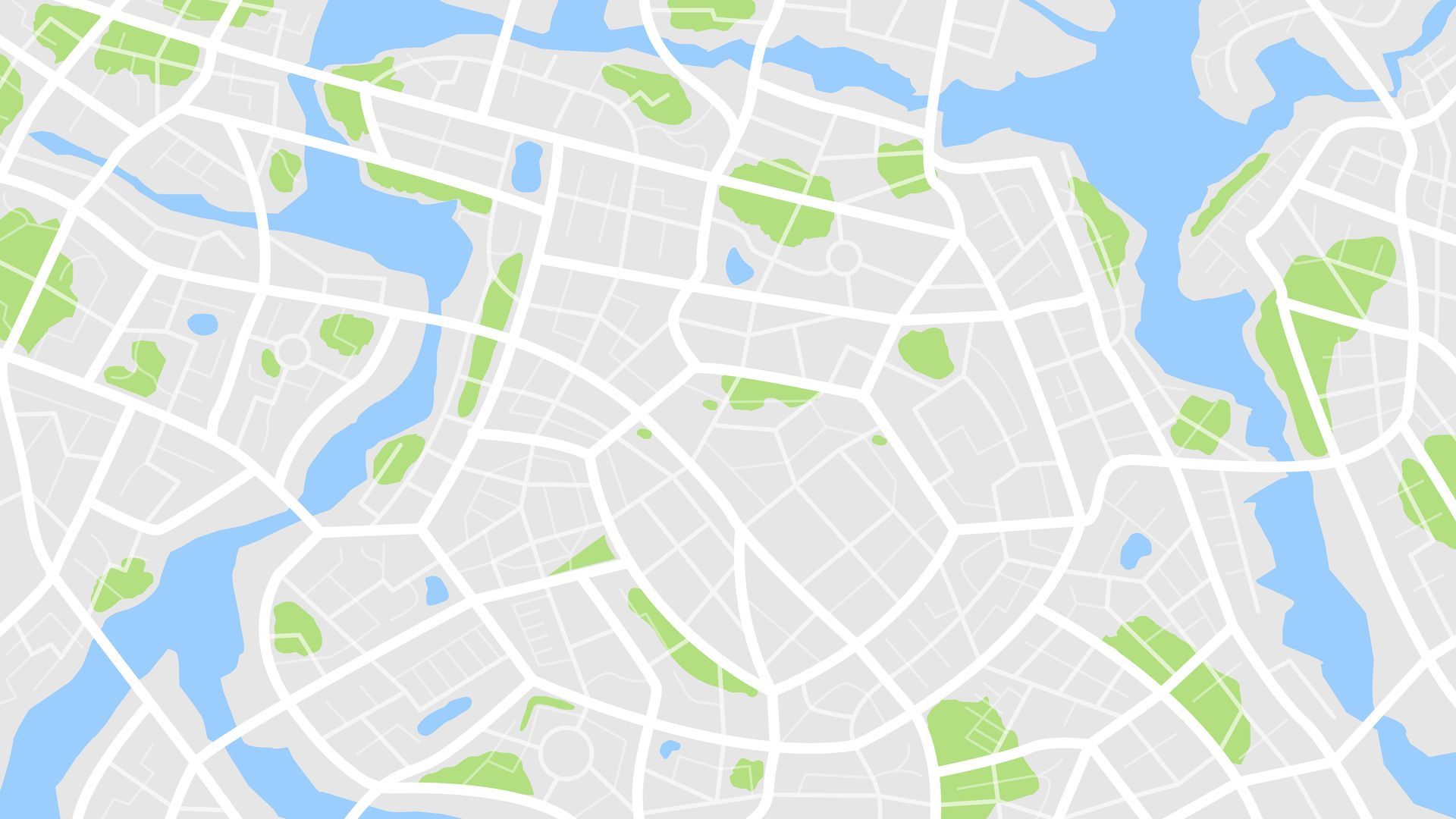 Carte de ville stylisée avec des rues grises, des cours d'eau bleus et des parcs verts disséminés un peu partout.