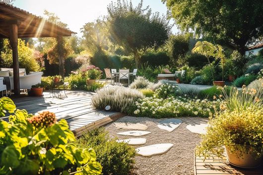 Allée de jardin ensoleillée avec dalles de pierre, végétation luxuriante et plantes en pot près d'une terrasse
