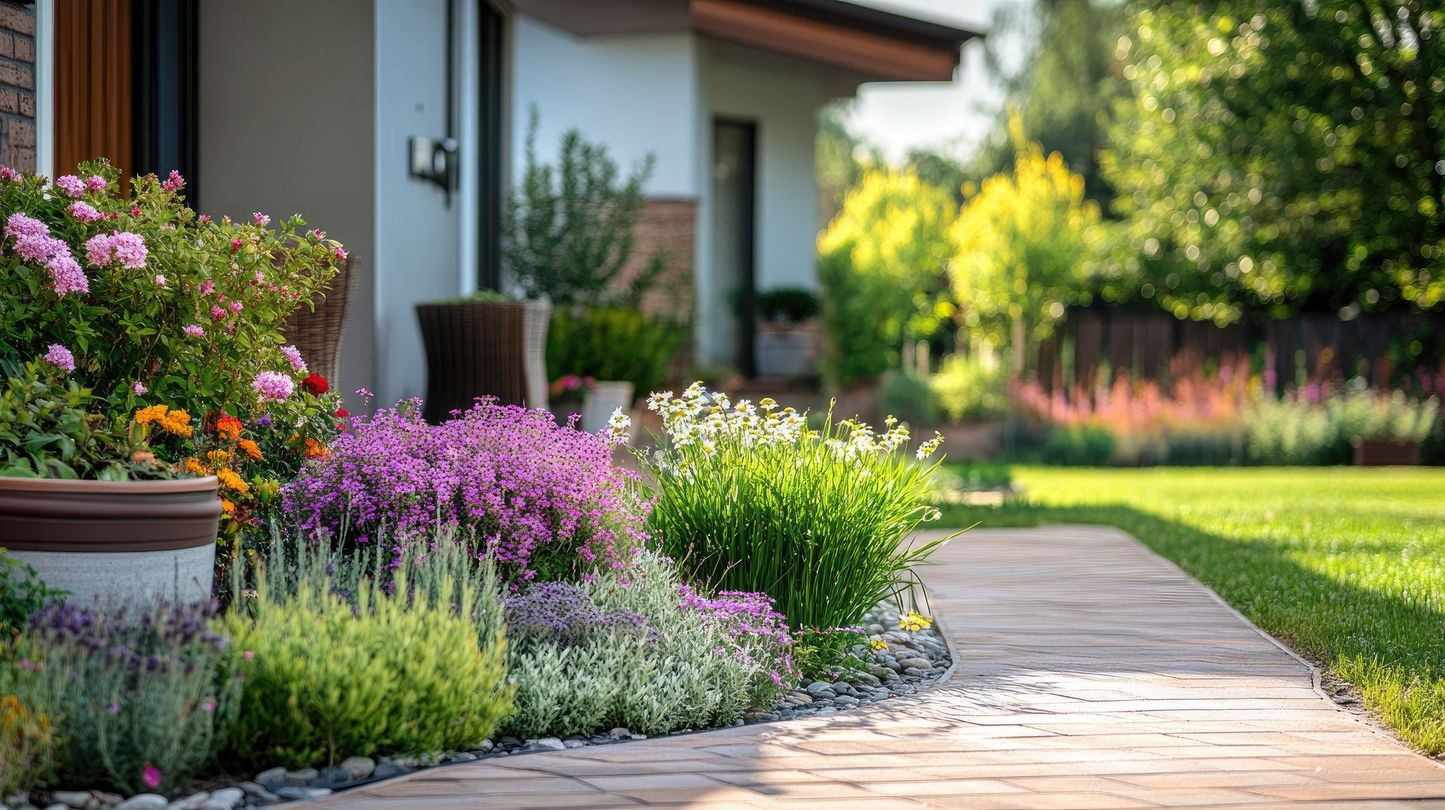 Des parterres de fleurs colorés bordent une maison, avec un chemin de pierre sinueux traversant un jardin ensoleillé.
