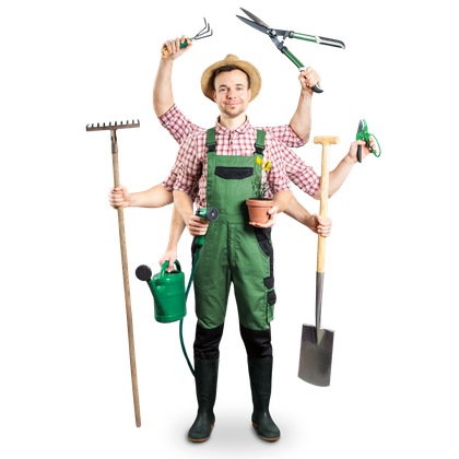 Un jardinier avec plusieurs bois avec différents outils dans ses mains