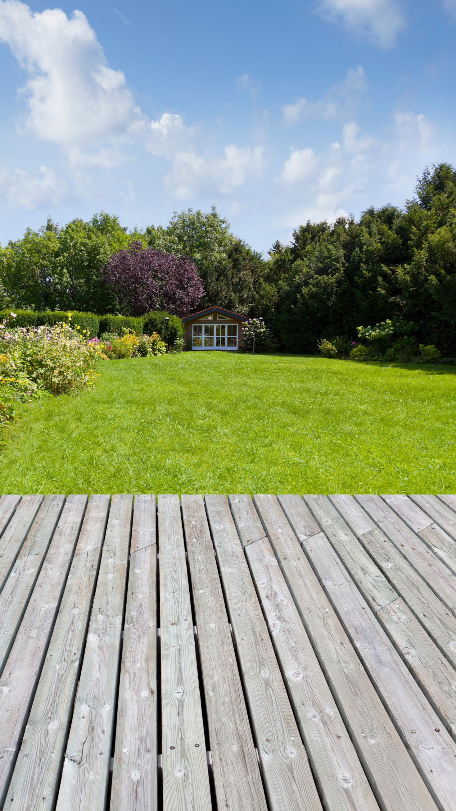 Jardin fleuri derrière une terrasse en bois