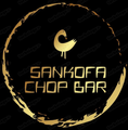 Logotipo de pájaro Sankofa dorado con texto "Sankofa Chop Bar" sobre fondo negro, dentro de un círculo dorado.
