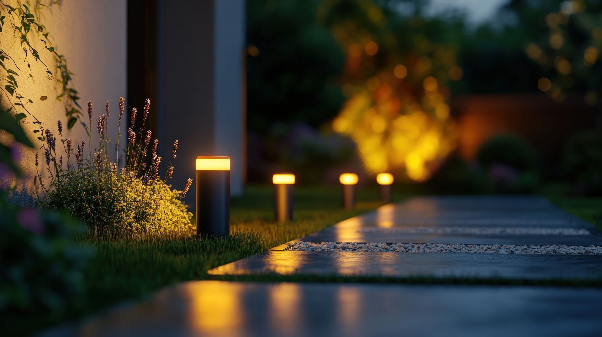 Camino iluminado con pequeñas luces, con una casa y plantas al fondo. Escenario nocturno con una cálida luz.