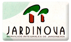 Logotipo de Jardínova con dos formas vegetales estilizadas de color verde y rojo, y el nombre “JARDINOVA” debajo.