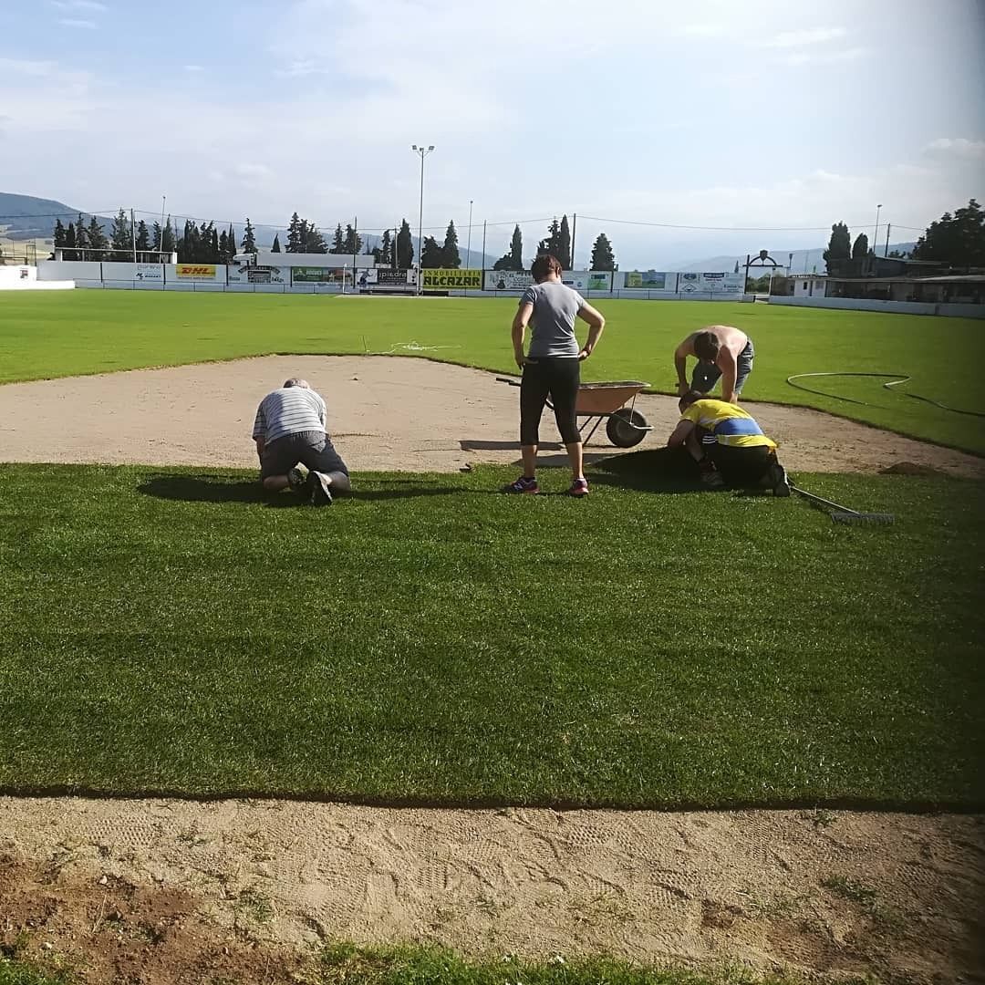 Gente colocando césped en un campo de béisbol. Cielo nublado con montañas al fondo.