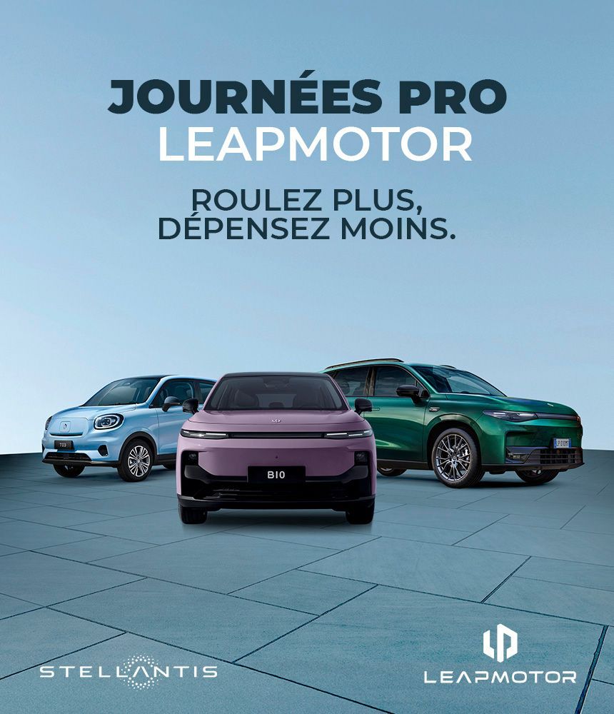 Journées PRO Leapmotor. Roulez plus, dépensez moins. Présentation de 3 modèles différents de véhicules. Logo Stellantis, logo Leapmotor.