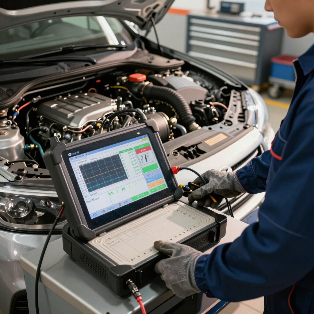 Mecánico utilizando un ordenador portátil para diagnosticar el motor de un coche en un taller mecánico.