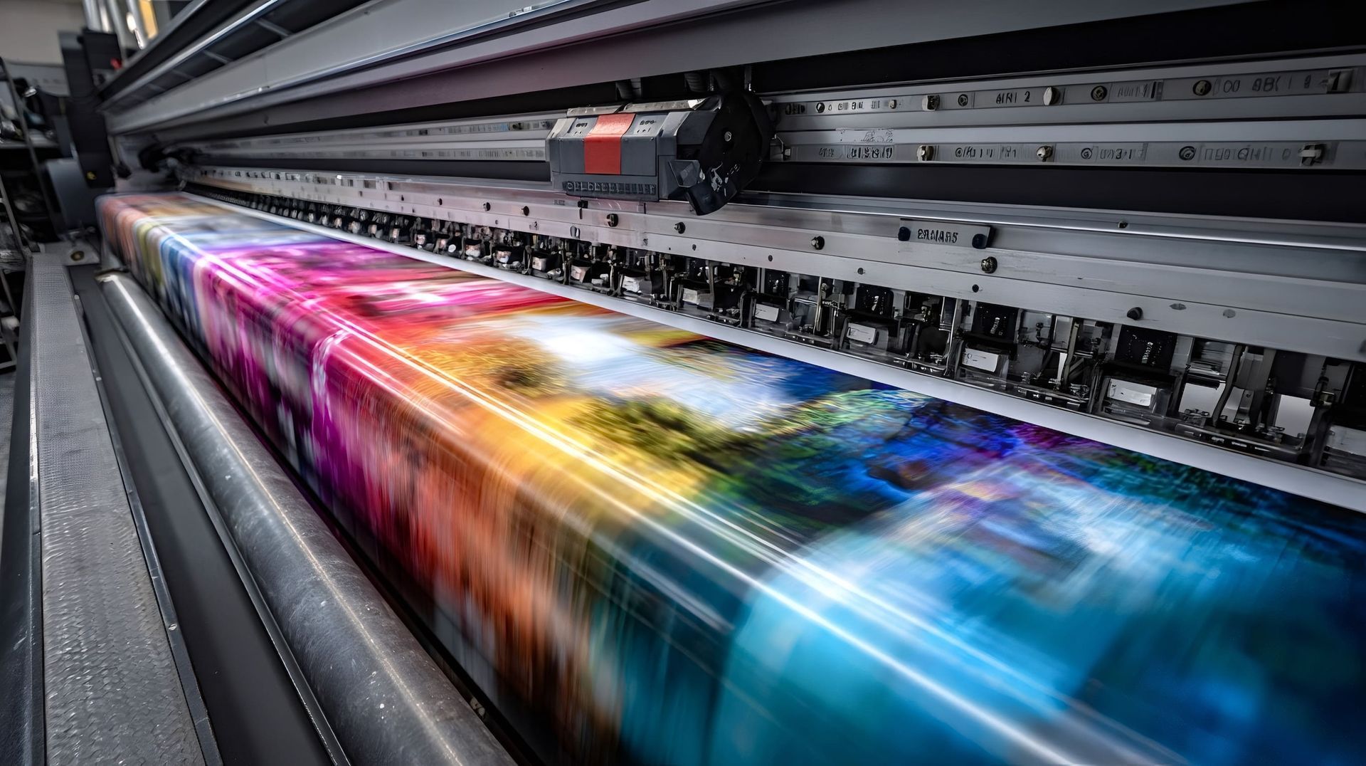Impresora de gran formato que imprime un diseño abstracto colorido.