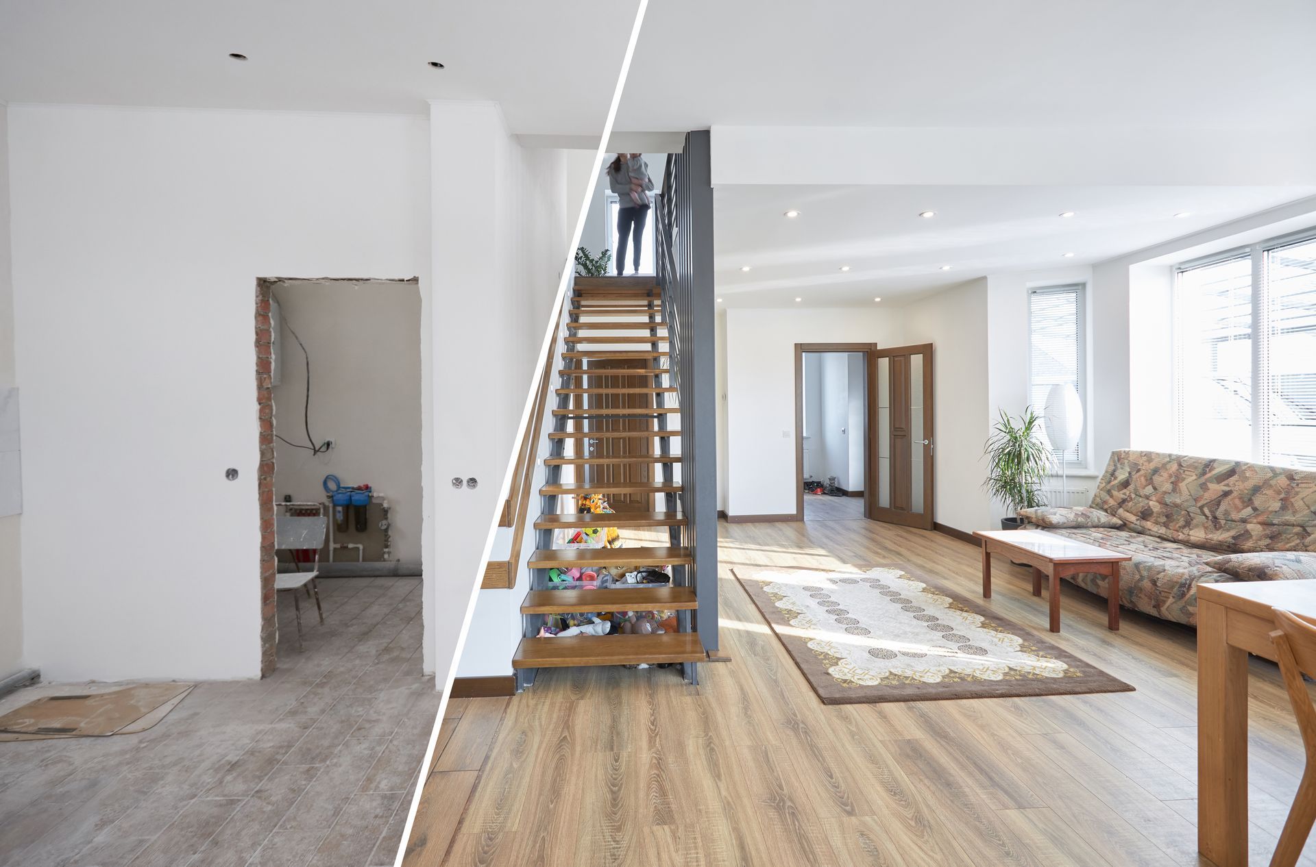 Une pièce de séjour avant et après rénovation.