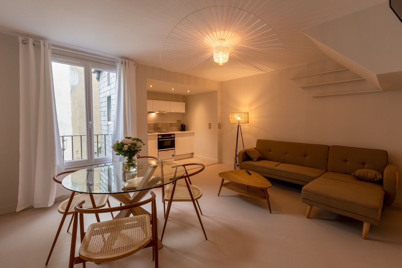 Pièce de vie salon salle à manger et cuisine éclairée par deux lumières.