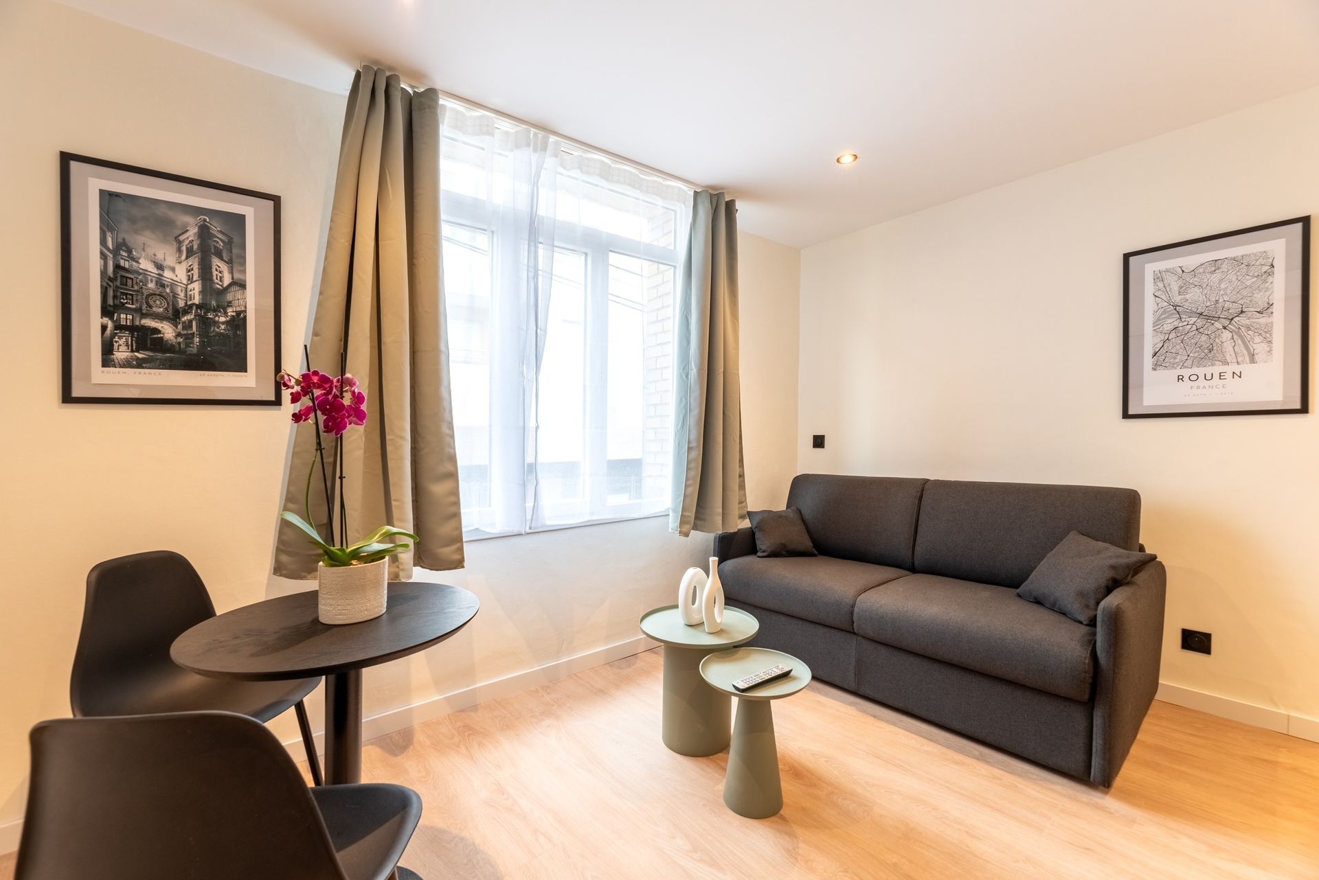 Petit salon meublé avec un canapé gris foncé contre le mur.